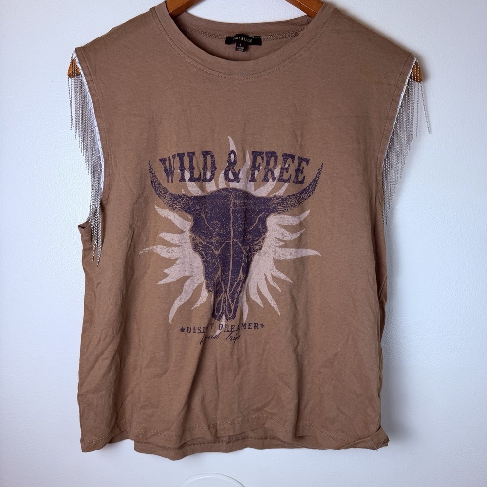 Wild And Free Silver Beaded Fringe Sleeveless Tank Top NWT Size L Western Theme